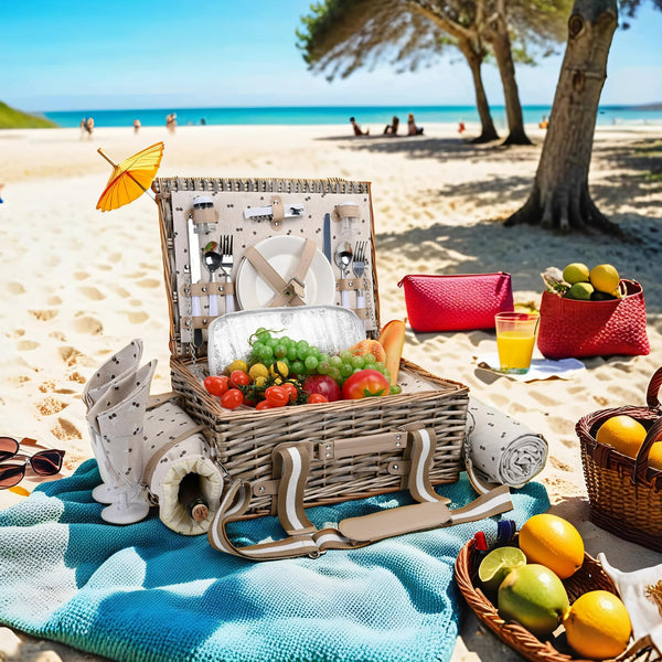 4 Person Deluxe Wicker Picnic Basket open tan on beach