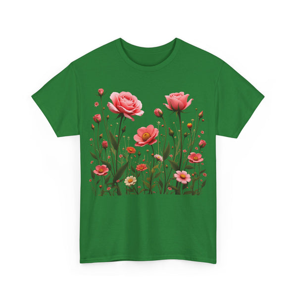 Wildflowers and Pink Roses, Graphic T-Shirts for Women, Floral Shirt, Womens Short Sleeve, Ladies Graphic Tees #5022TTS