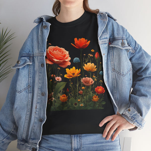 Wildflowers and Orange Roses, Graphic T-Shirts for Women, Floral Shirt, Womens Short Sleeve, Ladies Graphic Tees #5044TTS