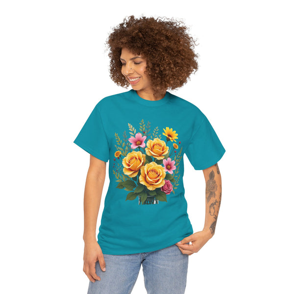 Wildflowers and Yellow Roses, Graphic T-Shirts for Women, Floral Shirt, Womens Short Sleeve, Ladies Graphic Tees #5135TTS