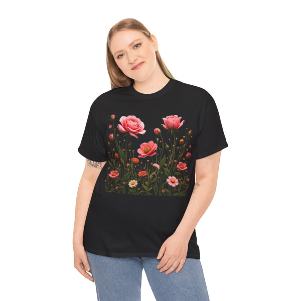 Wildflowers and Pink Roses, Graphic T-Shirts for Women, Floral Shirt, Womens Short Sleeve, Ladies Graphic Tees #5022TTS