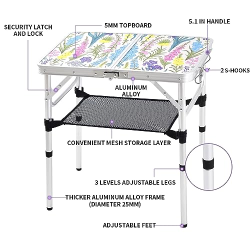 Folding Camping Table 2ft Portable Pinic Table Adjustable Height Table Small Card Table Aluminum Foldable Lightweight with Carry Handle for Outdoor Indoor Hiking Camp BBQ Beach (Blooming Floral)