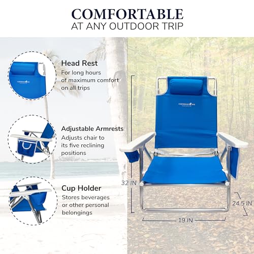 CARIBBEAN JOE Folding Beach Chair, 5 Position Lightweight, Portable Reclining Outdoor Camping Chair with Headrest, Shoulder Strap, and Cup Holder, Blue