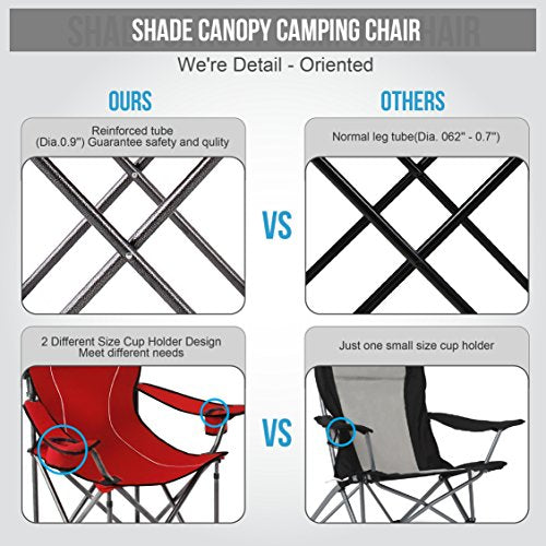 ALPHA CAMP Camp Chairs with Shade Canopy Chair Folding Camping Recliner Support 350 LBS - Red