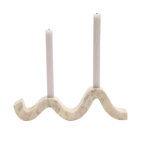 Bloomingville Modern Marble and Brass Wave Double Taper Holder, White, 15''L x 4''W x 2''H