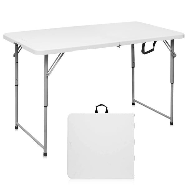 Byliable Folding Table 4 Foot Portable Heavy Duty Plastic Fold-in-Half Utility Table Small Indoor Outdoor Adjustable Height Folding Table with Carrying Handle, Camping and Party,White
