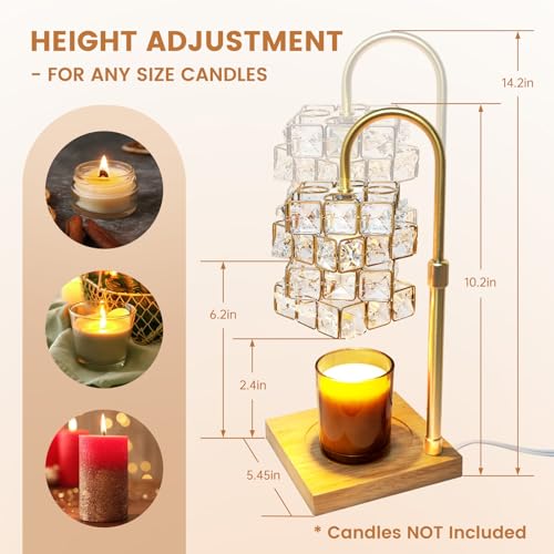MUDIKIC Candle Warmer Lamp with Timer, Candle Lamp Warmer Adjustable Height, Electric Handmade Crystal Candle Warmer with 2 Bulbs for Home Decor Dimmable Wax Melt Warmer