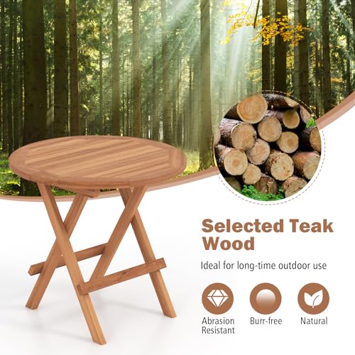 Tangkula Patio Folding Side Table, Teak Wood Round End Table with Slatted Tabletop, Sturdy X-Shaped Wood Frame, Portable & Lightweight Compact Table for Camping, Picnic, Backyard (1)