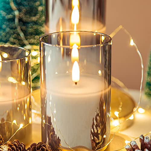 Eywamage Smoke Grey Glass Flameless Candles with Remote Battery Operated Flickering LED Pillar Candles Set of 3