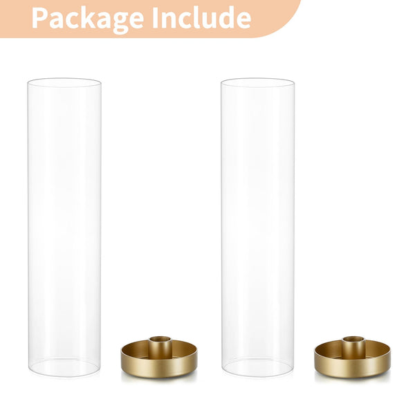 NUPTIO Gold Taper Candle Holders: 2 Pcs Hurricane Metal Candlestick Holder Stand with 11.81 inch Tall Clear Glass Open Ended Cylinder Covers for Tapered Candles Wedding Party Centerpieces for Tables