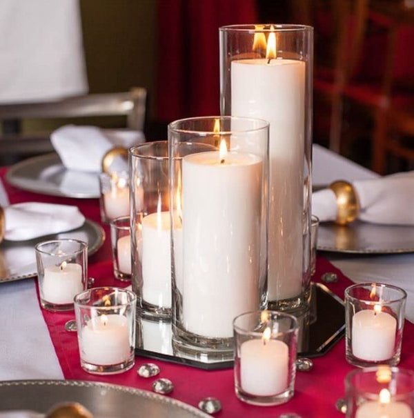 Set of 36 Glass Eastland Cylinder Vases and 36 White Richland Pillar Candles 3"