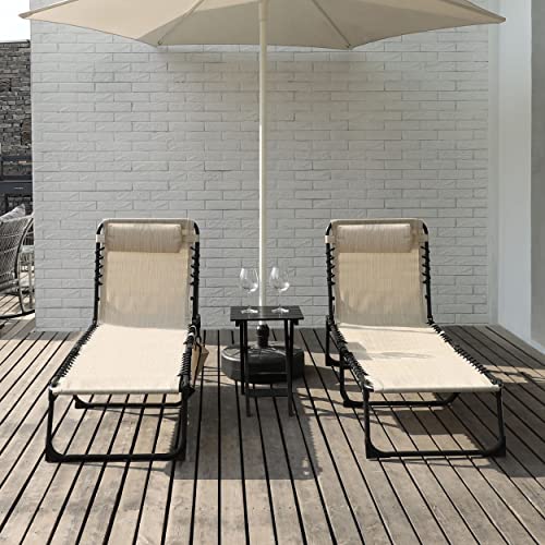 MUPATER 4-Fold Patio Chaise Lounge Chair for Outdoor with Detachable Pocket and Pillow, Portable Sun Lounger Recliner for Beach, Camping and Pool, Cream White