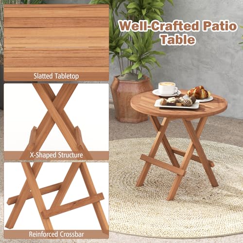Tangkula Patio Folding Side Table, Teak Wood Round End Table with Slatted Tabletop, Sturdy X-Shaped Wood Frame, Portable & Lightweight Compact Table for Camping, Picnic, Backyard (1)