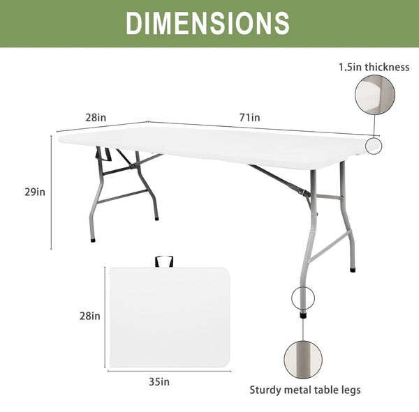 Mean yeah 6FT Plastic Folding Table, Portable Picnic Table Outdoor, for Camping, Party, Wedding,Picnic, with Lock, Handle - White