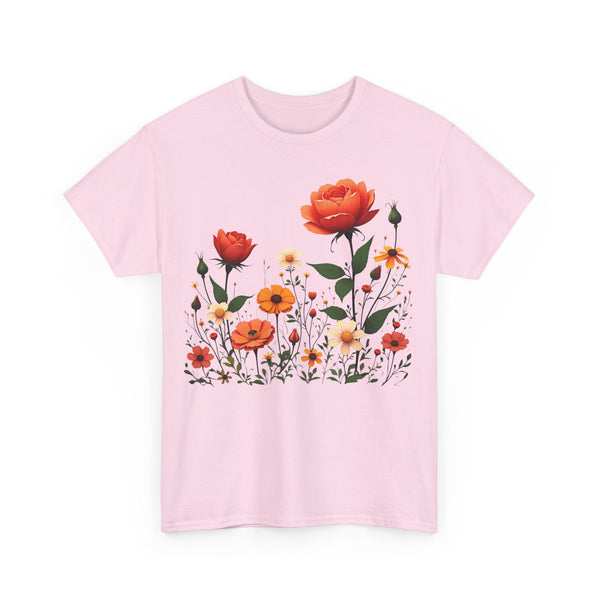 Wildflowers and Orange Roses, Graphic T-Shirts for Women, Floral Shirt, Womens Short Sleeve, Ladies Graphic Tees #5043TTS