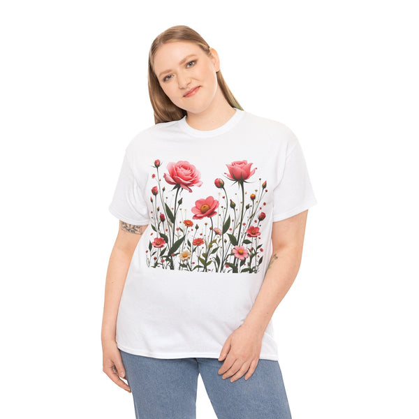 Wildflowers and Pink Roses, Graphic T-Shirts for Women, Floral Shirt, Womens Short Sleeve, Ladies Graphic Tees #5022TTS
