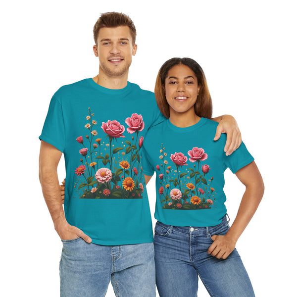 Wildflowers and Pink Roses, Graphic T-Shirts for Women, Floral Shirt, Womens Short Sleeve, Ladies Graphic Tees #5013TTS