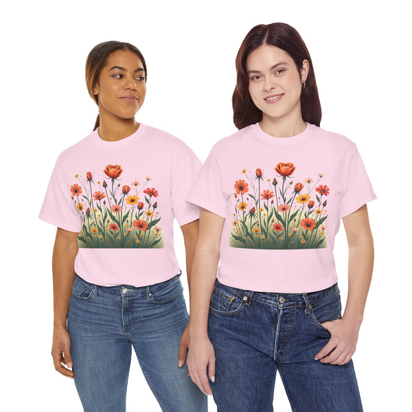 Wildflowers and Orange Roses, Graphic T-Shirts for Women, Floral Shirt, Womens Short Sleeve, Ladies Graphic Tees #5047TTS