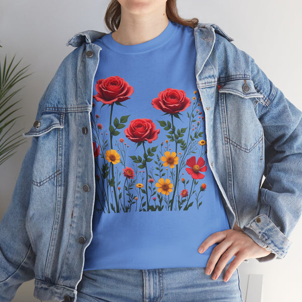 Wildflowers and Red Roses, Graphic T-Shirts for Women, Floral Shirt, Womens Short Sleeve, Ladies Graphic Tees #5034TTS