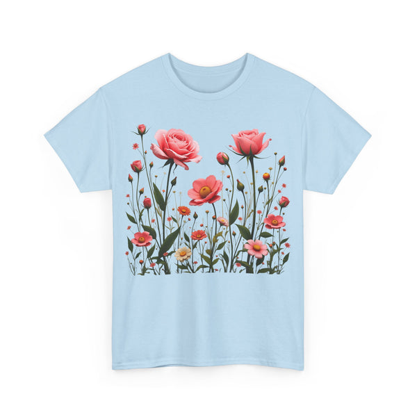 Wildflowers and Pink Roses, Graphic T-Shirts for Women, Floral Shirt, Womens Short Sleeve, Ladies Graphic Tees #5022TTS