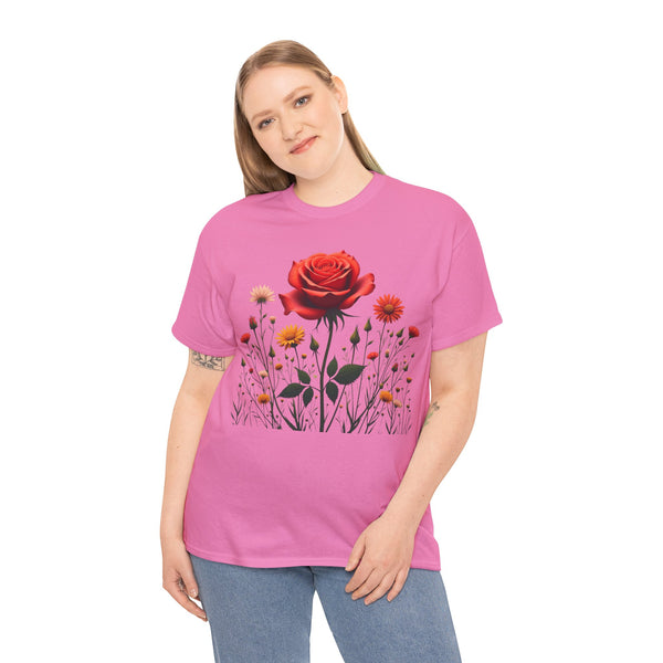 Wildflowers and a Red Rose, Graphic T-Shirts for Women, Floral Shirt, Womens Short Sleeve, Ladies Graphic Tees #5007TTS