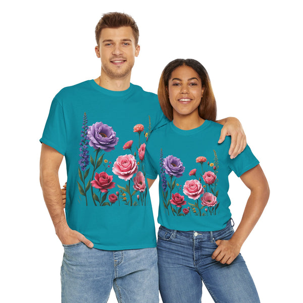 Wildflowers and Pink/Violet Roses, Graphic T-Shirts for Women, Floral Shirt, Womens Short Sleeve, Ladies Graphic Tees #5100TTS