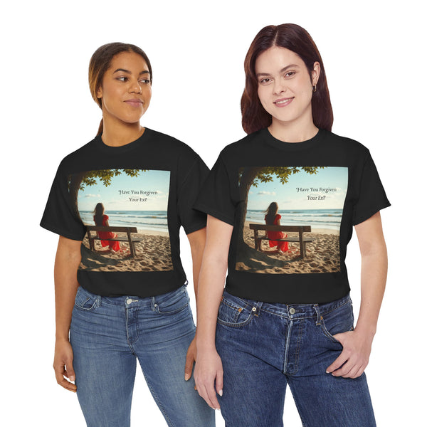 Have You Forgiven Your Ex?  Woman on Bench Looking at Waves, Forgiving T-Shirt, Forgiveness, Relationship Healing Top #5002STS