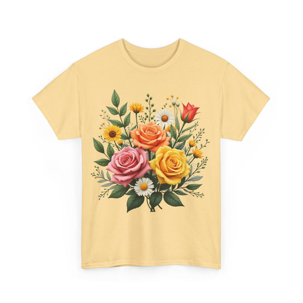 Wildflowers and Pink & Yellow Roses, Graphic T-Shirts for Women, Floral Shirt, Womens Short Sleeve, Ladies Graphic Tees #5144TTS