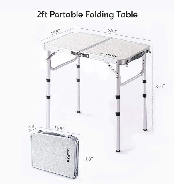 Small Folding Table 2 Foot, Portable Camping Table with Mesh Holders,Lightweight Aluminum Adjustable Height, with Carry Handle for Camping Picnic Indoor Outdoor, White 24 x 16 inch (3 Heights)