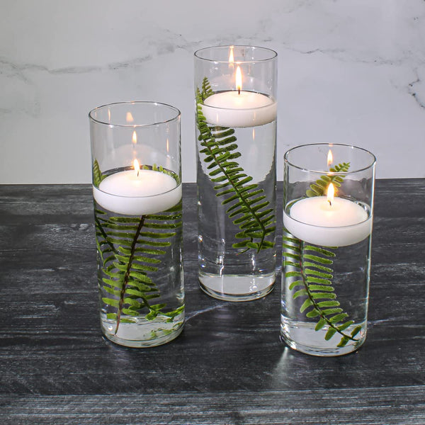 36 Eastland Cylinder Vases and 36 White 3" Richland Floating Candles