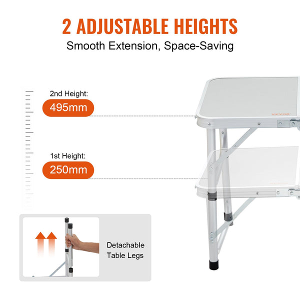 VEVOR Small Folding Camping Table, Adjustable Height Aluminum MDF Outdoor Portable Lightweight for Cooking, Beach, Picnic, Travel, 24 x16 inch, Silver