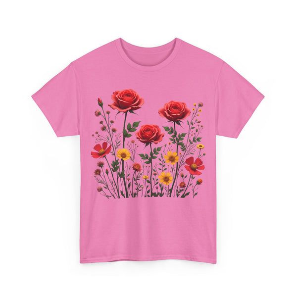 Wildflowers and Red Roses, Graphic T-Shirts for Women, Floral Shirt, Womens Short Sleeve, Ladies Graphic Tees #5034TTS