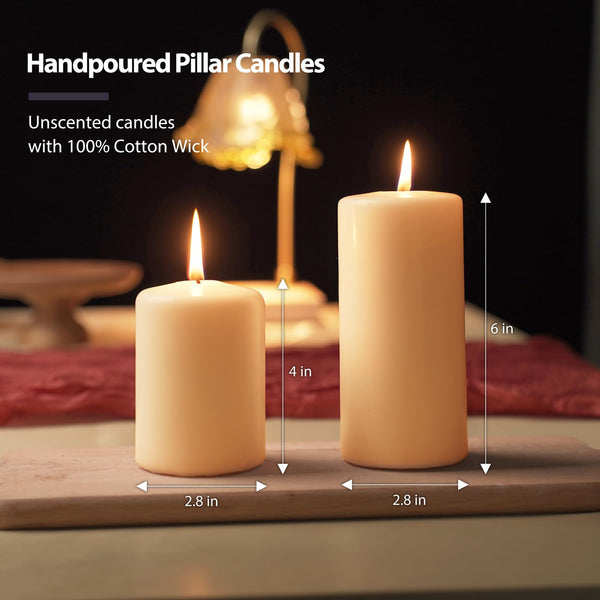 2.8x4 Unscented Pillar Candles,6 Pack Dripless Pillar Candle Set,Smokeless Hand Poured Pillar Candles Bulk, Long Lasting Burning Pillar Candles for Room Decoration Prayer Wedding Party(Ivory