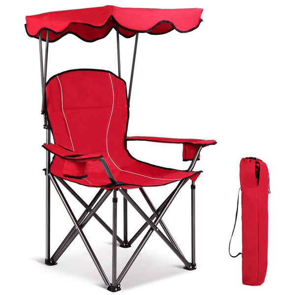 GYMAX Canopy Chair, Portable Folding Beach Pool Chair Lawn Chair with Canopy Two Cup Holders and Carry Bag, for Outdoor Beach Camp Park Patio (Red)
