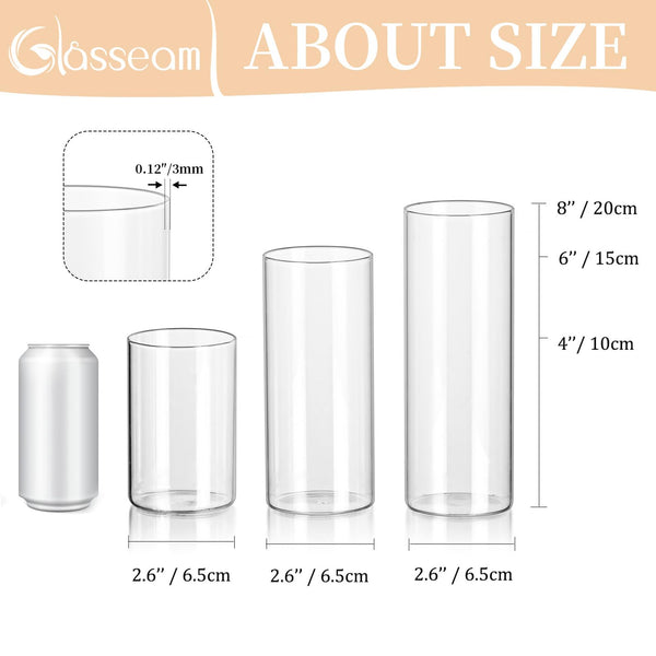 Glasseam Hurricane Pillar Candle Holder Bulk 24, Clear Candle Holders for Pillar Candles, Glass Cylinders for Floating Candles, Modern Floating Candle Vases for Centerpieces Wedding Dining Home Decor