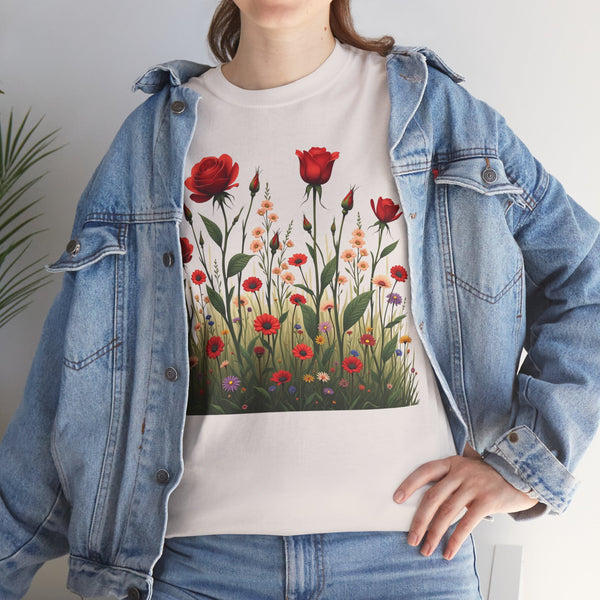 Wildflowers and Red Roses, Graphic T-Shirts for Women, Floral Shirt, Womens Short Sleeve, Ladies Graphic Tees #5032TTS