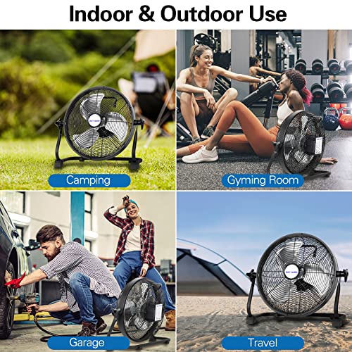 BILT HARD 16 Inch Rechargeable Battery Operated Outdoor Floor Fan, 15600mAh Battery Powered High Velocity Portable Fan with Metal Blade, Run All Day, USB Output for Travel, Camping, Backyard