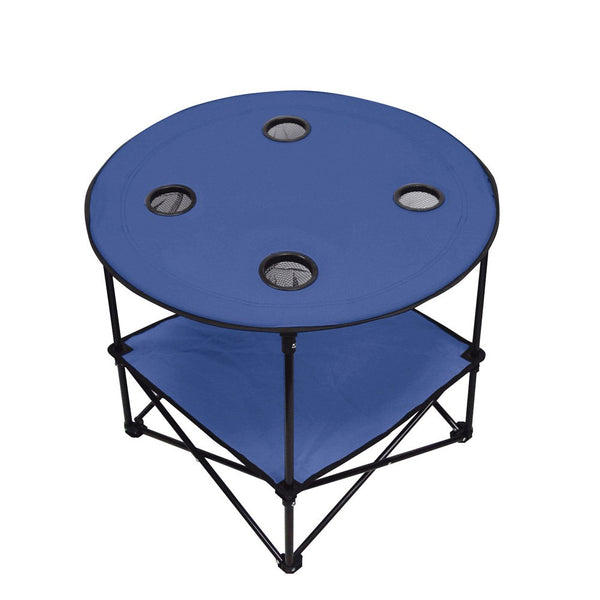 Preferred Nation | 2 Tier Folding Camping Table with 4 Mesh Cup Holders Blue | Polyester with Metal Frame | Compact, Convenient Carry Case Included | Side Table for Tailgate