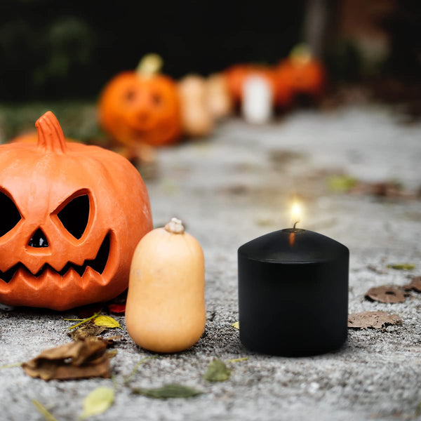 MISSYO 6 Pack Black 3x3 Inches Pillar Candles for Halloween, 36 Hour Long Burning Unscented Column Candles, Dripless and Smokeless Candles for Home Weddings Restaurant Spa Church and Emergency