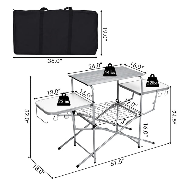 Giantex Folding Grill Table with 26'' Main Tabletop, Portable Aluminum Camping Table, Carrying Bag, Quick Set-up, Outdoor Camping Kitchen Food Prep Station for Picnic Tailgating RVing Backyard