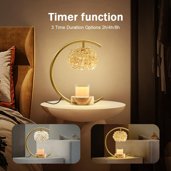 Yeuslor Candle Warmer Lamp for Jar Candles with Adjustable Brightness&Timer,Handcrafted Crystal&Wooden Base,Candle Lamp Luxurious Design+2Bulbs,Home Decoration Electric Candle lamp(Gold C-Shaped)