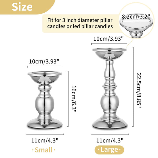 Nuptio Silver Pillar Candle Holders, Wedding Centerpieces Metal Candle Holder for 3 inches Candles Stand Decoration Ideal for Weddings Special Events Parties Living Room, 2 Pcs