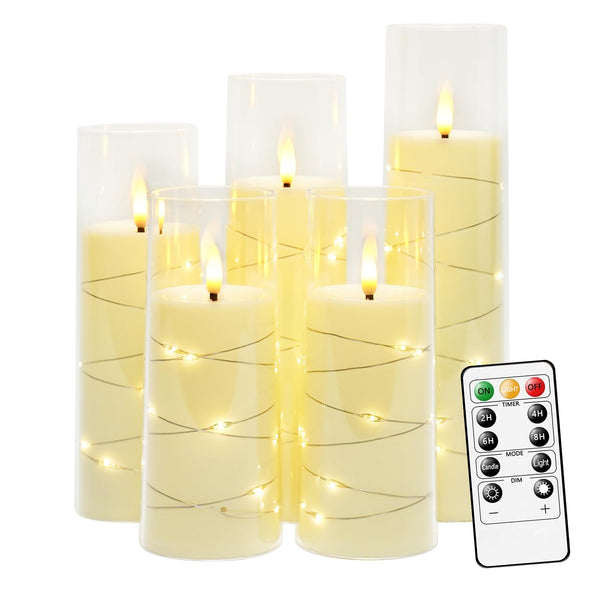 Nimiko Flickering Flameless LED Candles,Battery Operated Candles 5 Pcs with Embedded Star String,Acrylic LED Pillar Candles with Remote,Suitable for Home Decoration to Create an Atmosphere(Ivory)