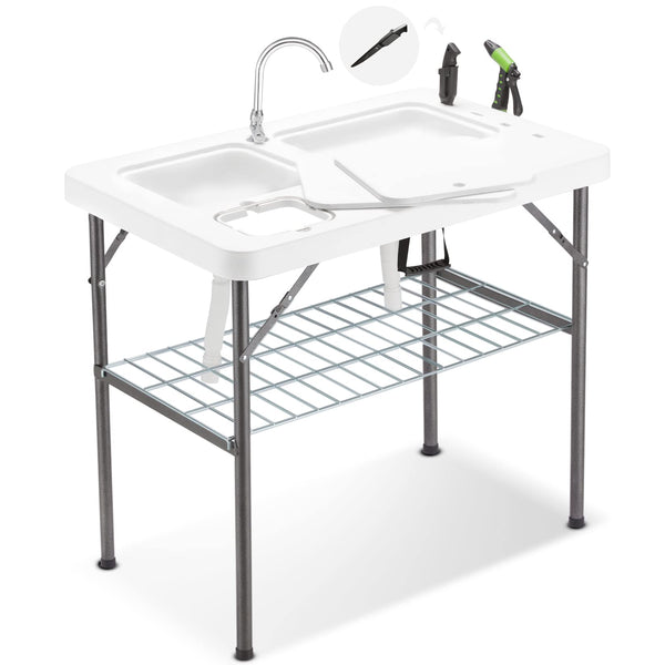 Avocahom 37" Folding Fish Cleaning Table Portable Camping Sink Table w/Dual Water Basins, Faucet Drainage Hose & Sprayer Outdoor Fish Fillet Cleaning Station w/Knife
