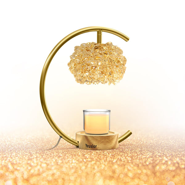 Yeuslor Candle Warmer Lamp for Jar Candles with Adjustable Brightness&Timer,Handcrafted Crystal&Wooden Base,Candle Lamp Luxurious Design+2Bulbs,Home Decoration Electric Candle lamp(Gold C-Shaped)