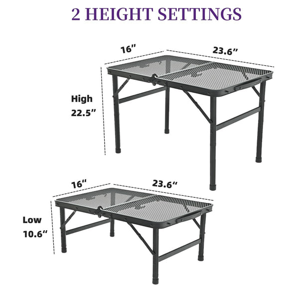 Goaylate Camping Table, 2 ft Folding Grill Table with Mesh Desktop, Anti-Slip Feet, Height Adjustable, Lightweight & Portable Aluminum Outdoor Table for Camping, Picnic, RV, BBQ (23.6"X16"X22.5")