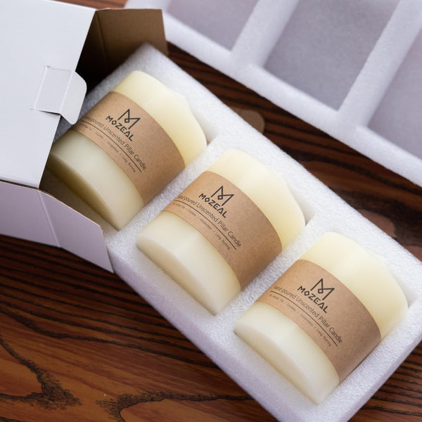 MOZEAL 3" x 4" Hand-Poured Unscented White Pillar Candles,Dripless Candles Set of 3,Smokeless,Clean Burning,Approx 60 Hours Burn Time,Wedding,Dinner,Christmas and Home Decor(3 Inch Width Series)