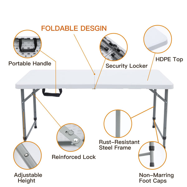 Lakhow 122CZ Folding Table 4-Foot Portable Plastic Folding Semi Practical Table Small Indoor and Outdoor Adjustable Height with Handle Folding Table, Camping and Gathering