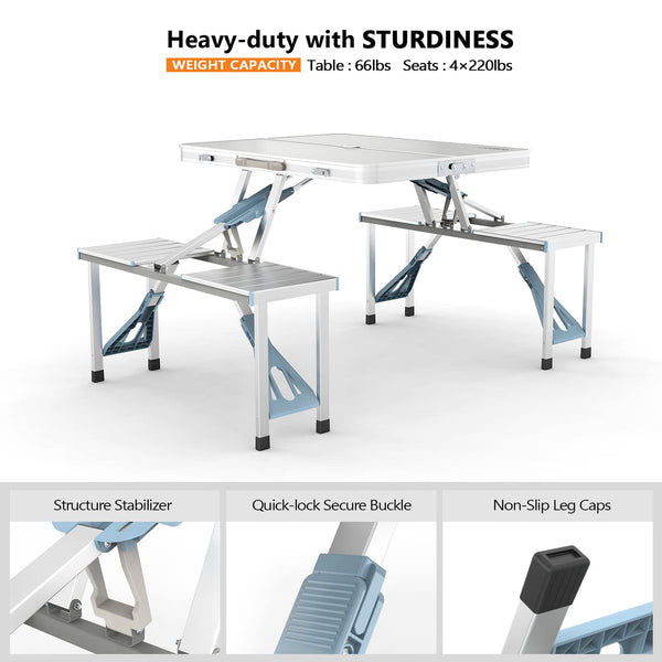 VINGLI 4Ft Folding Camping Picnic Table with Seats/Umbrella Hole-265 Lbs Support That Lightweight and Fold Up Card Suitcase Table Aluminum Alloy Frame, RV Tabletop with Soft Handl