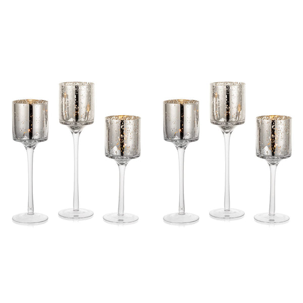 Nuptio Glass Tealight Candle Holder 6 Pcs Tea Light Holders for Floating Pillar Candles Bulk Mercury Speckled Silver Pillar Candle Holder Long Stem Living Room Dinning Wedding Birthday Christmas